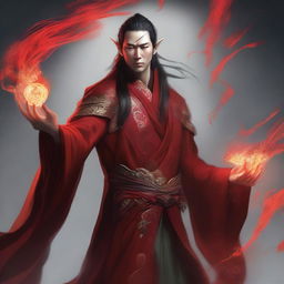 An elven sorcerer with red power flowing out from him