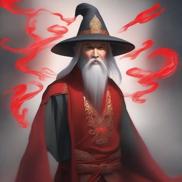 An elven sorcerer with red power flowing out from him