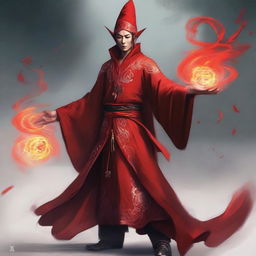 An elven sorcerer with red power flowing out from him