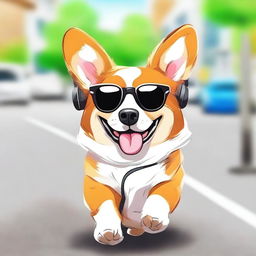 A cute corgi dog walking down the street, wearing geeky glasses and headphones