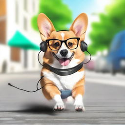 A cute corgi dog walking down the street, wearing geeky glasses and headphones