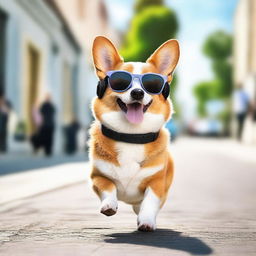 A cute corgi dog walking down the street, wearing geeky glasses and headphones