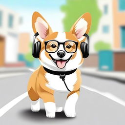 A cute corgi dog walking down the street, wearing geeky glasses and headphones