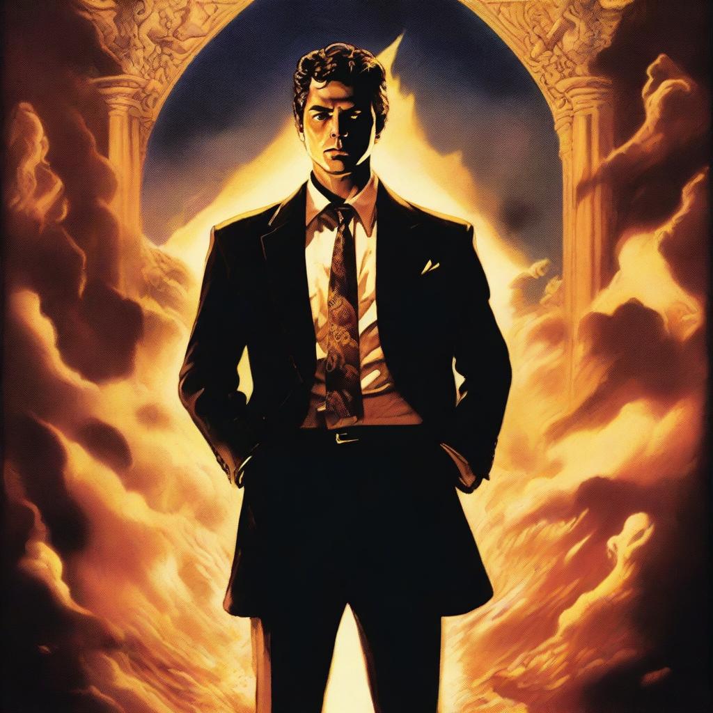 The upper half of the poster depicts the heavens with golden and bright tones, while the lower half shows hell with flames and dark shadows