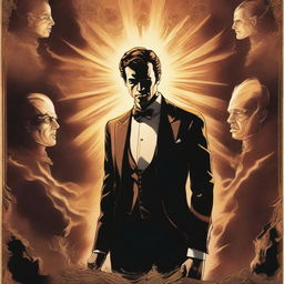 The upper half of the poster depicts the heavens with golden and bright tones, while the lower half shows hell with flames and dark shadows