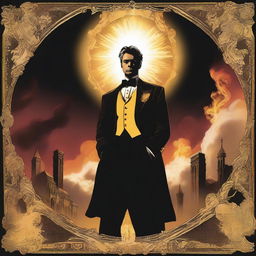 The upper half of the poster depicts the heavens with golden and bright tones, while the lower half shows hell with flames and dark shadows