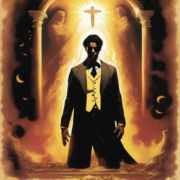 The upper half of the poster depicts the heavens with golden and bright tones, while the lower half shows hell with flames and dark shadows