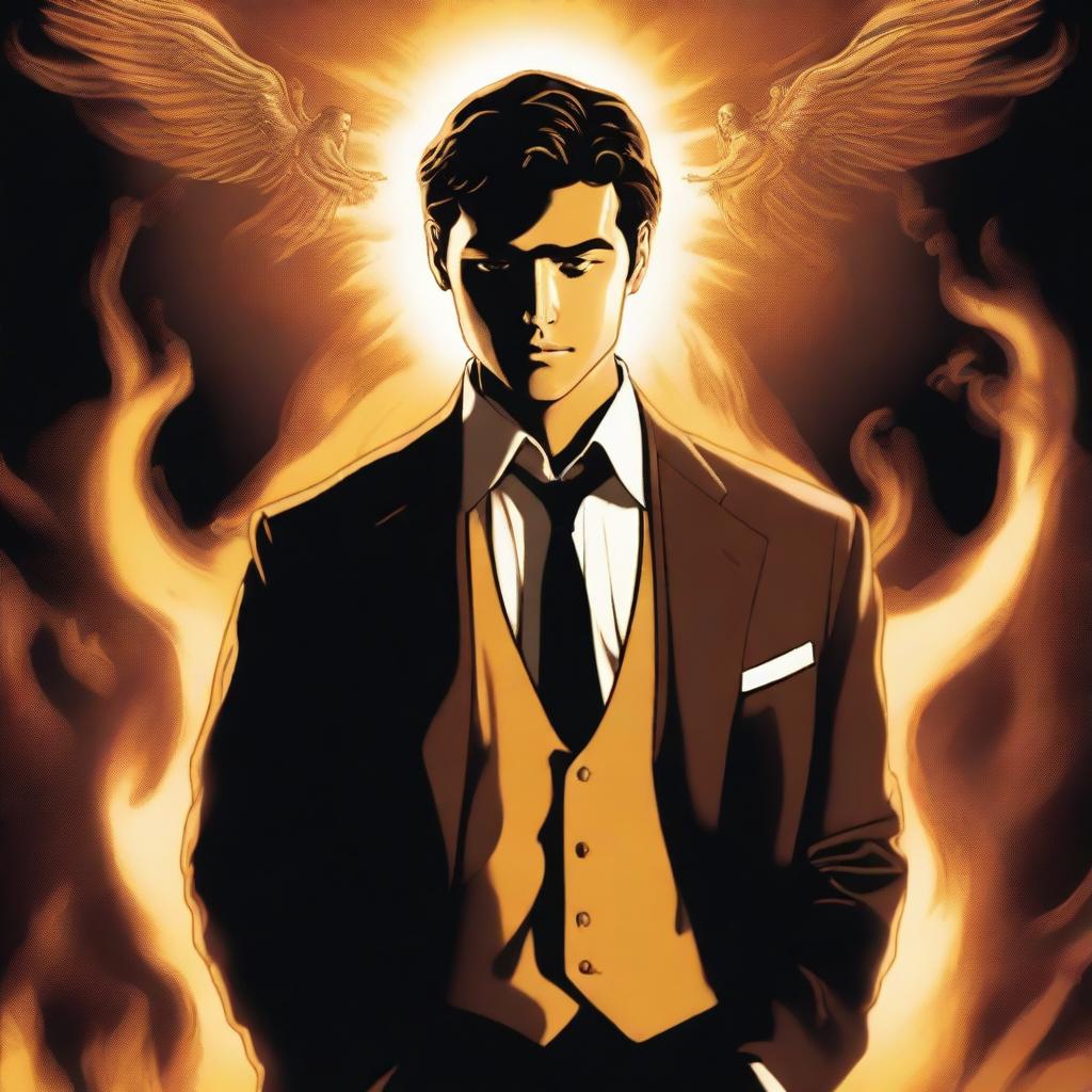 The upper half of the poster depicts the heavens with golden and bright tones, while the lower half shows hell with flames and dark shadows