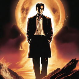 The upper half of the poster depicts the heavens with golden and bright tones, while the lower half shows hell with flames and dark shadows