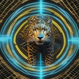 A top view of a sleek and powerful jaguar standing on a futuristic grid