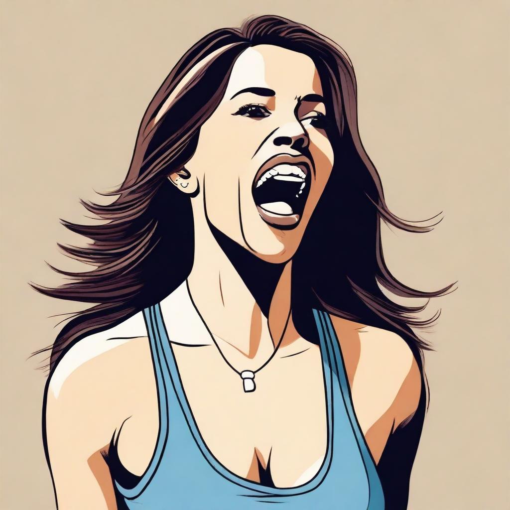 A detailed illustration of a brunette Latina woman wearing a tank top, with her mouth open as if she is speaking or singing