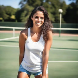 A brunette Latina woman wearing a tennis tank top with a wet t-shirt effect, and whip cream on her lips