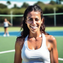 A brunette Latina woman wearing a tennis tank top with a wet t-shirt effect, and whip cream on her lips