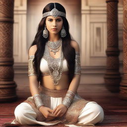 A beautiful Native Indian princess with long brunette hair, kneeling gracefully