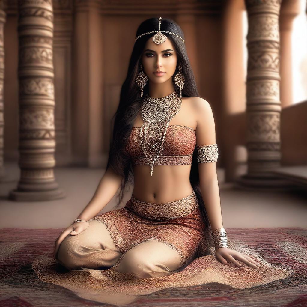 A beautiful Native Indian princess with long brunette hair, kneeling gracefully