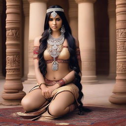 A beautiful Native Indian princess with long brunette hair, kneeling gracefully