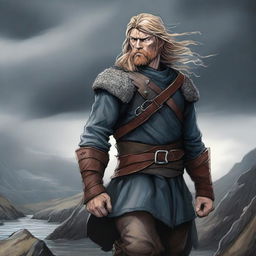 A detailed and dynamic illustration of Thorfinn Karlsefni from Vinland Saga, showcasing his Viking warrior attire and intense expression, set against a dramatic Nordic landscape with rugged terrain and stormy skies