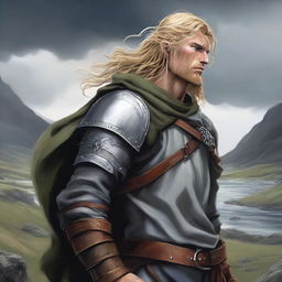 A detailed and dynamic illustration of Thorfinn Karlsefni from Vinland Saga, showcasing his Viking warrior attire and intense expression, set against a dramatic Nordic landscape with rugged terrain and stormy skies