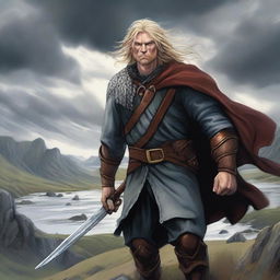 A detailed and dynamic illustration of Thorfinn Karlsefni from Vinland Saga, showcasing his Viking warrior attire and intense expression, set against a dramatic Nordic landscape with rugged terrain and stormy skies