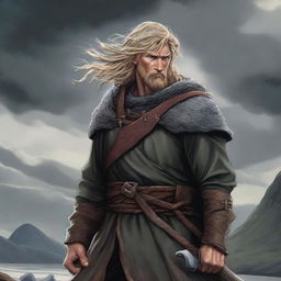 A detailed and dynamic illustration of Thorfinn Karlsefni from Vinland Saga, showcasing his Viking warrior attire and intense expression, set against a dramatic Nordic landscape with rugged terrain and stormy skies