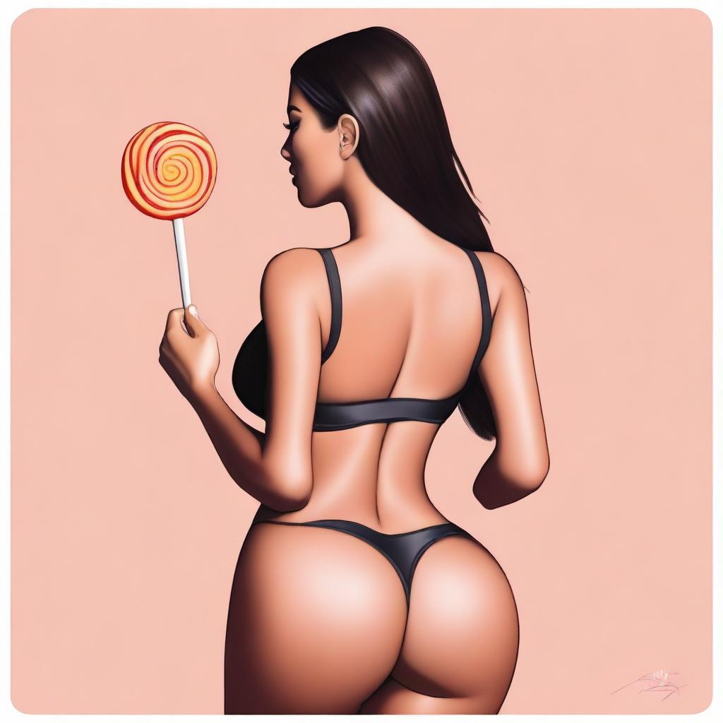 A depiction of Kim Kardashian wearing a sports bra and underwear, viewed from behind, holding a lollipop