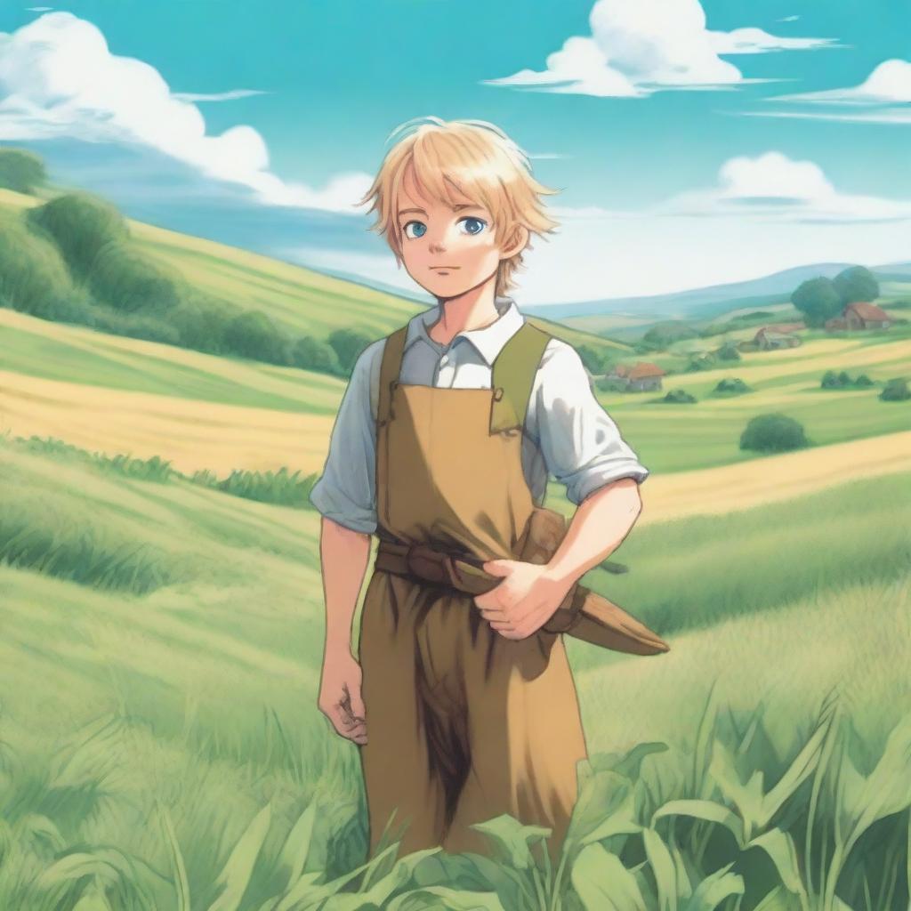 A detailed and heartwarming illustration of Thorfinn Karlsefni as a child farmer from Vinland Saga