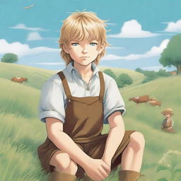 A detailed and heartwarming illustration of Thorfinn Karlsefni as a child farmer from Vinland Saga