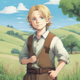 A detailed and heartwarming illustration of Thorfinn Karlsefni as a child farmer from Vinland Saga