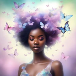 A beautiful black woman wearing a crown made of butterflies