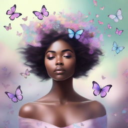 A beautiful black woman wearing a crown made of butterflies