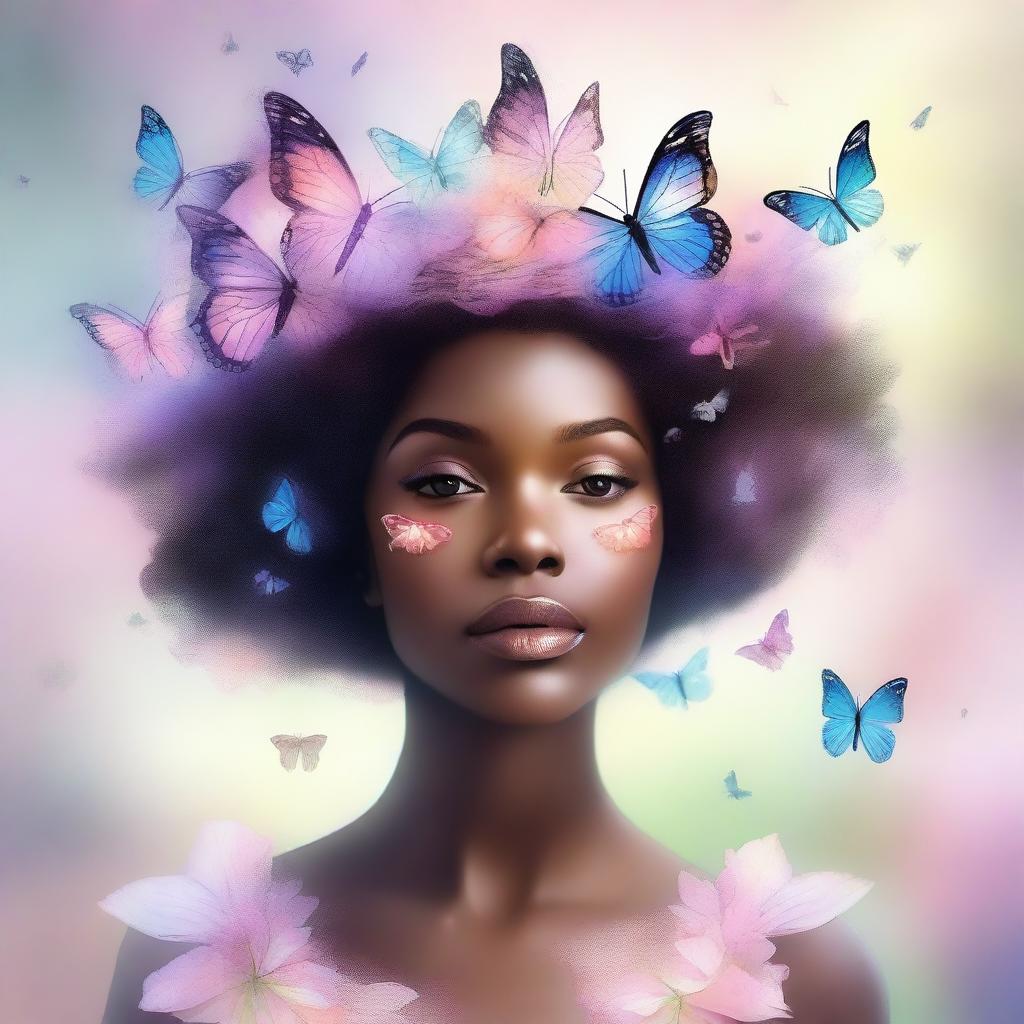 A beautiful black woman wearing a crown made of butterflies