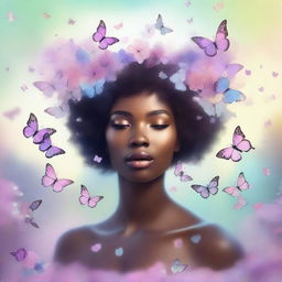 A beautiful black woman wearing a crown made of butterflies