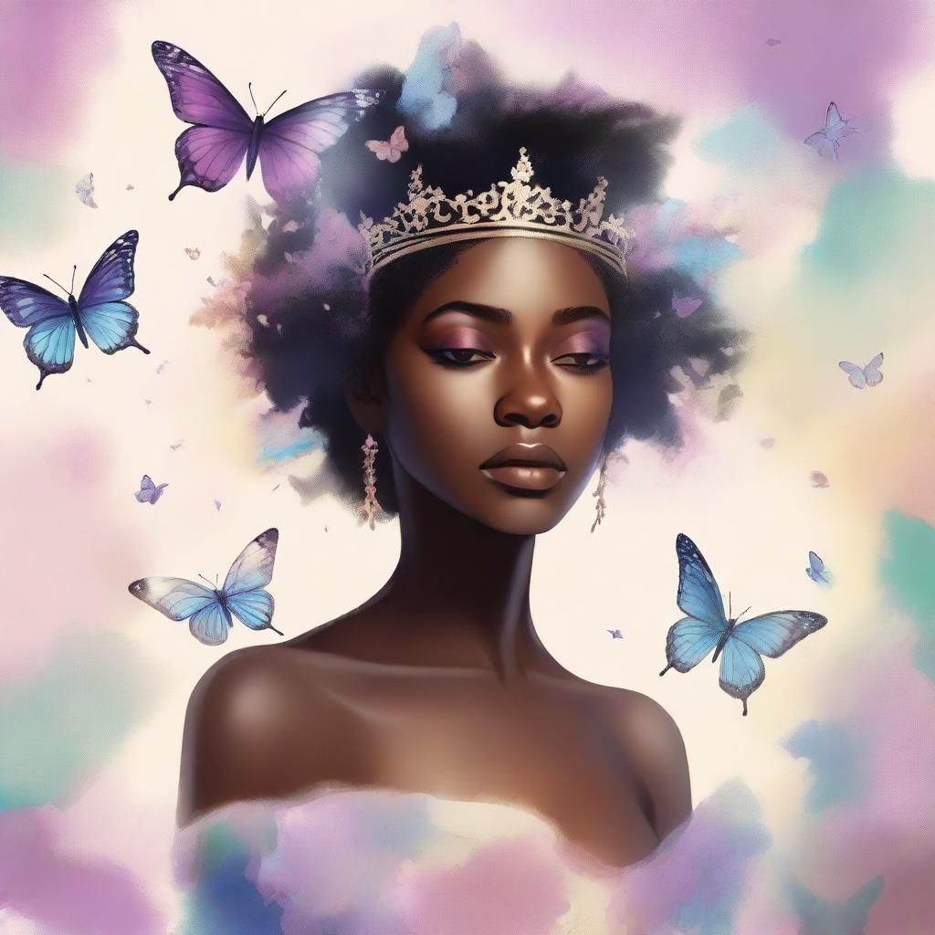 A book cover featuring a beautiful black woman wearing a crown made of butterflies