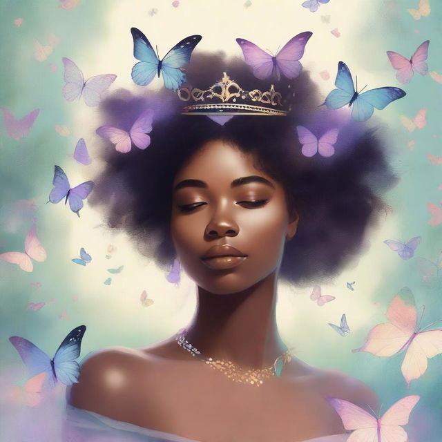 A book cover featuring a beautiful black woman wearing a crown made of butterflies