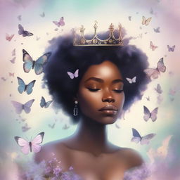 A book cover featuring a beautiful black woman wearing a crown made of butterflies