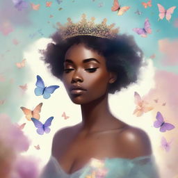 A book cover featuring a beautiful black woman wearing a crown made of butterflies