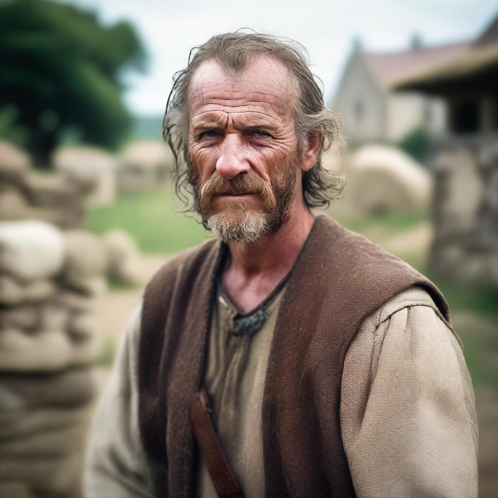 A rugged medieval man wearing a neutral expression, dressed in traditional medieval attire with a background that hints at a medieval village