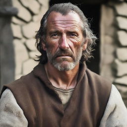 A rugged medieval man wearing a neutral expression, dressed in traditional medieval attire with a background that hints at a medieval village