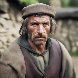 A rugged medieval man wearing a neutral expression, dressed in traditional medieval attire with a background that hints at a medieval village