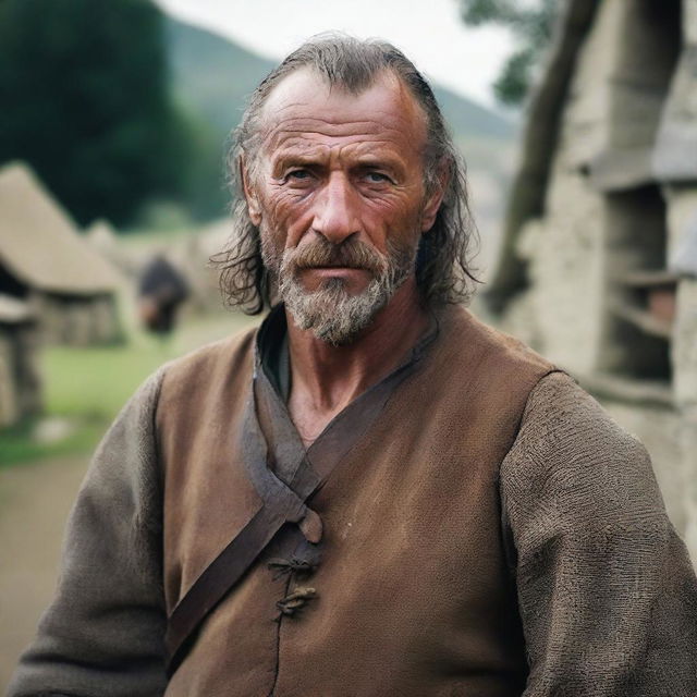 A rugged medieval man wearing a neutral expression, dressed in traditional medieval attire with a background that hints at a medieval village