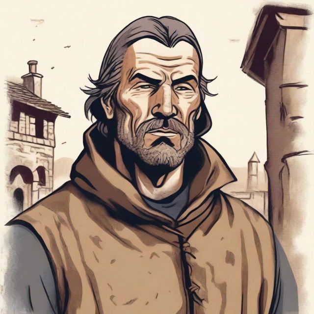 An illustration of a rugged medieval man wearing a neutral expression