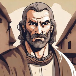 An illustration of a rugged medieval man wearing a neutral expression