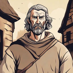 An illustration of a rugged medieval man wearing a neutral expression