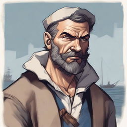 A DND illustration of a rugged medieval sailor wearing a neutral expression