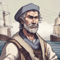 A DND illustration of a rugged medieval sailor wearing a neutral expression