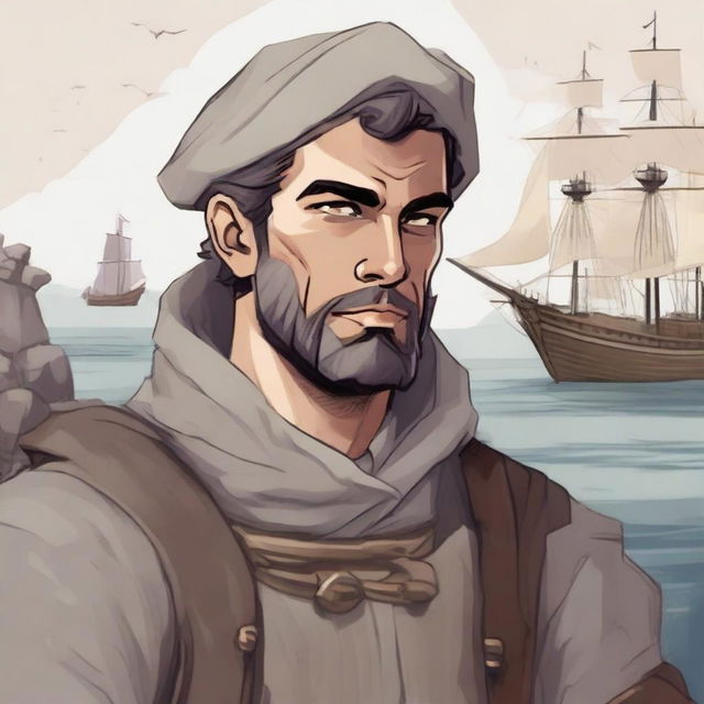 A DND illustration of a 30-year-old medieval sailor wearing a neutral expression