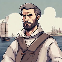 A DND illustration of a 30-year-old medieval sailor wearing a neutral expression