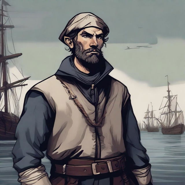 A dark DND illustration of a 30-year-old medieval sailor wearing a neutral expression