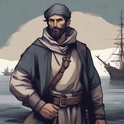 A dark DND illustration of a 30-year-old medieval sailor wearing a neutral expression