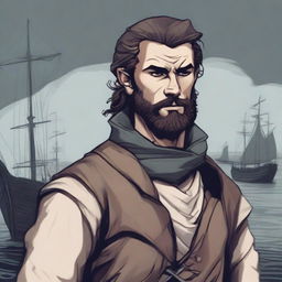 A dark DND illustration of a 30-year-old medieval sailor wearing a neutral expression